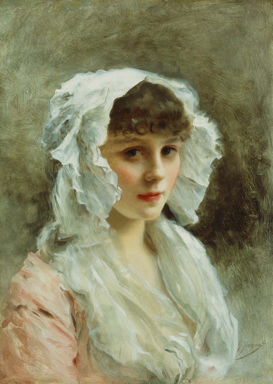 Porträtt av en dam i en vit motorhuv, av Gustave Jacquet