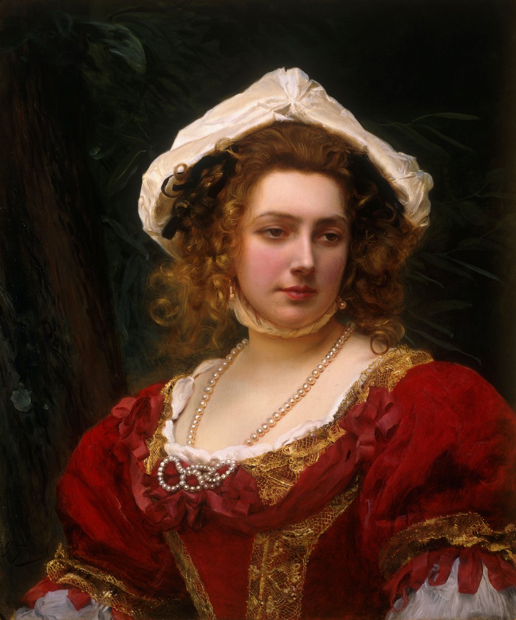 Porträtt av en elegant dam i en klänning i röd sammet av Gustave Jacquet