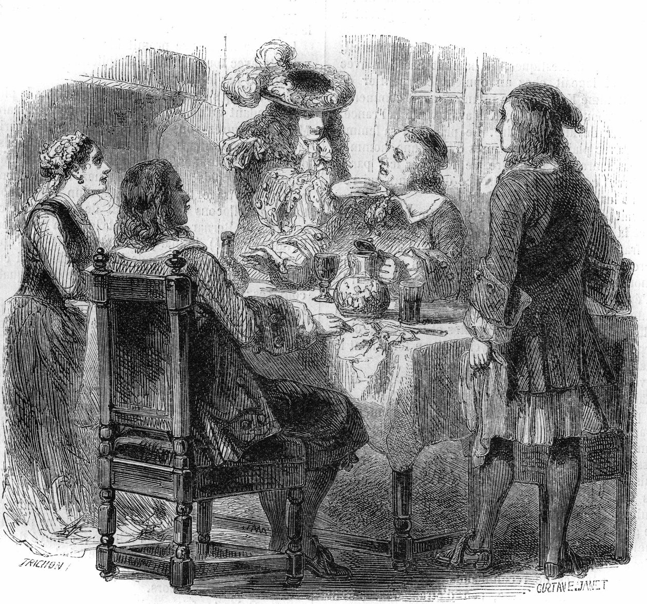 Den ryske tsaren Peter den store (1672-1725), heberge i Frankrike med familjen Kalf, observerar diskussionen mellan sin värd och en berusad markis de Bernardini. Gravyr av Gustave Janet av Gustave Janet