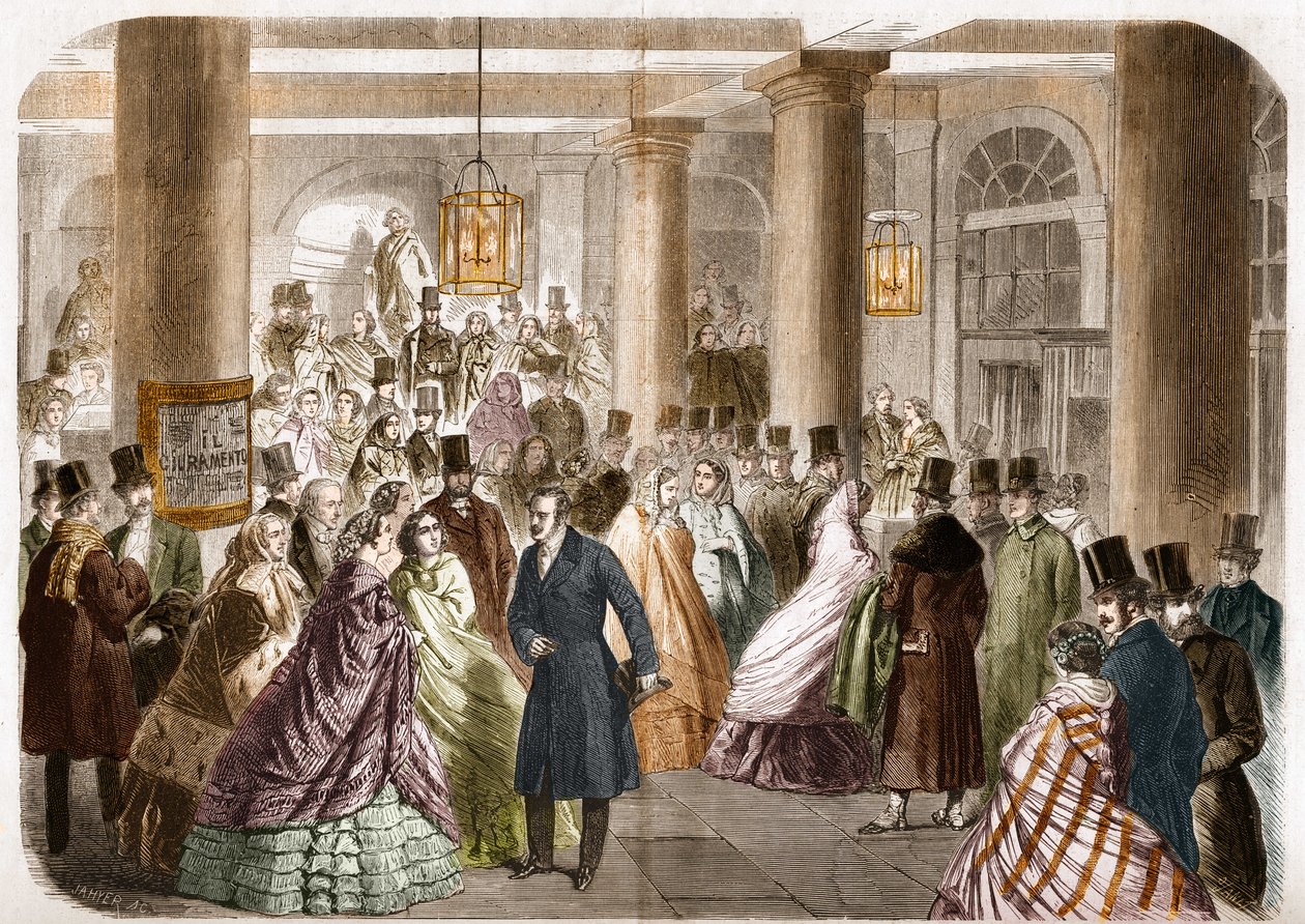 Den italienska teatern (Salle Ventadour) släpptes i Paris 1858. Teckning av Gustave Janet, gravyr av Jahyer. av Gustave Janet