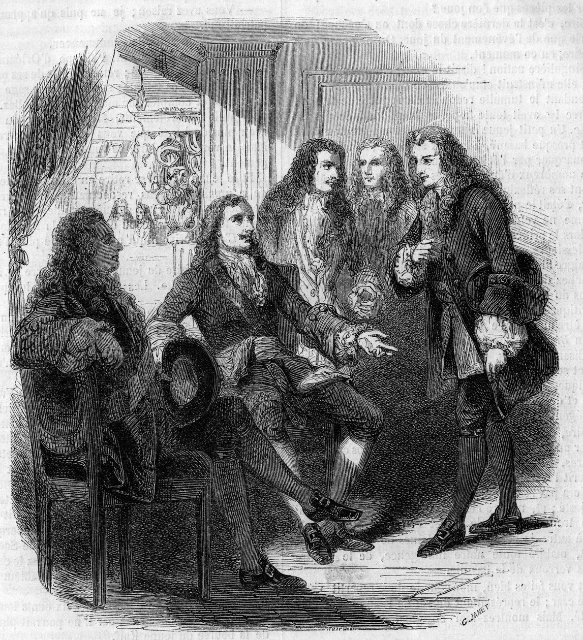 Mötet mellan den ryske tsaren Peter den store (1672-1725) och Voltaire (Francois Marie Arouet, dit) (1694-1778). Gravyr av Gustave Janet av Gustave Janet
