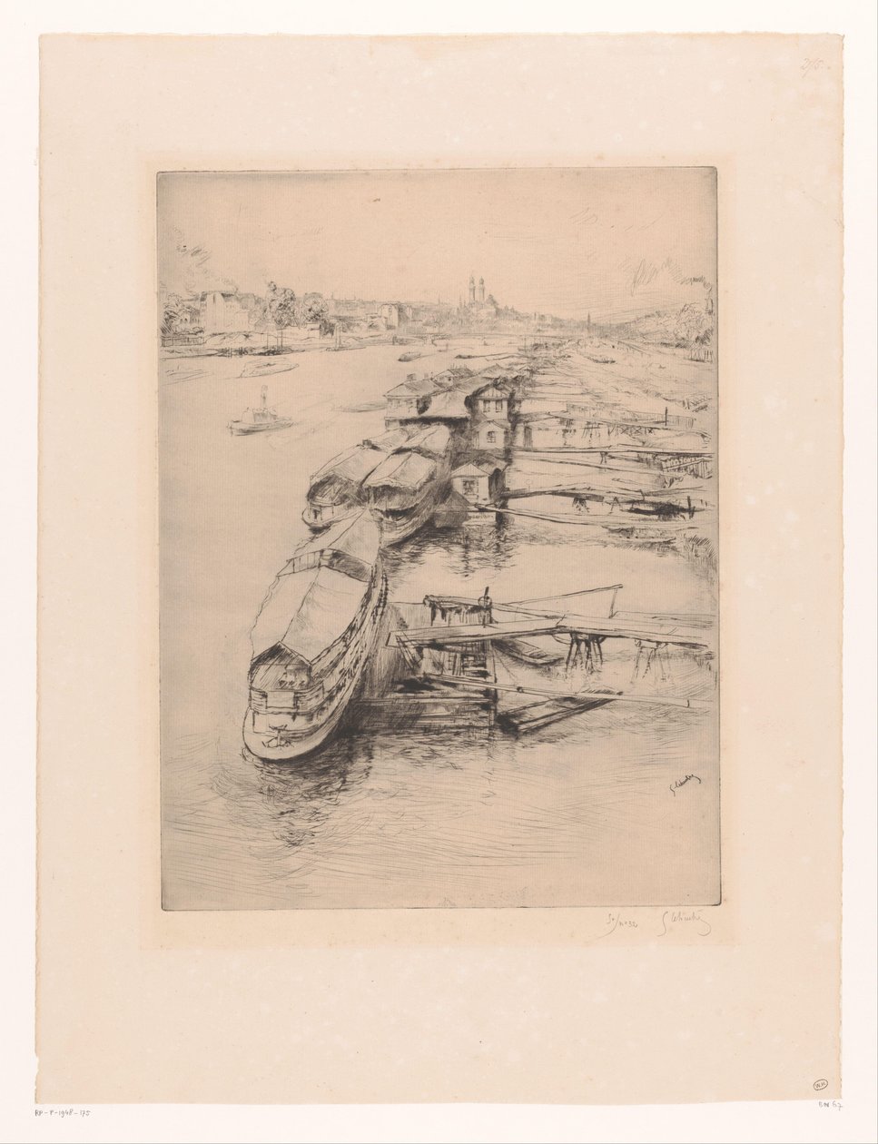 Förtöjda båtar i Auteuil, Paris Les bateaux Parisiens, Auteuil av Gustave Leheutre (signed by artist)