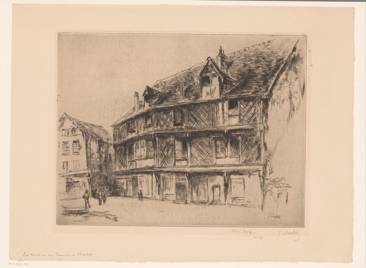 Gata med hus och vandrare i Chartres La maison du saumon (Chartres) (titel på objekt) av Gustave Leheutre (signed by artist)