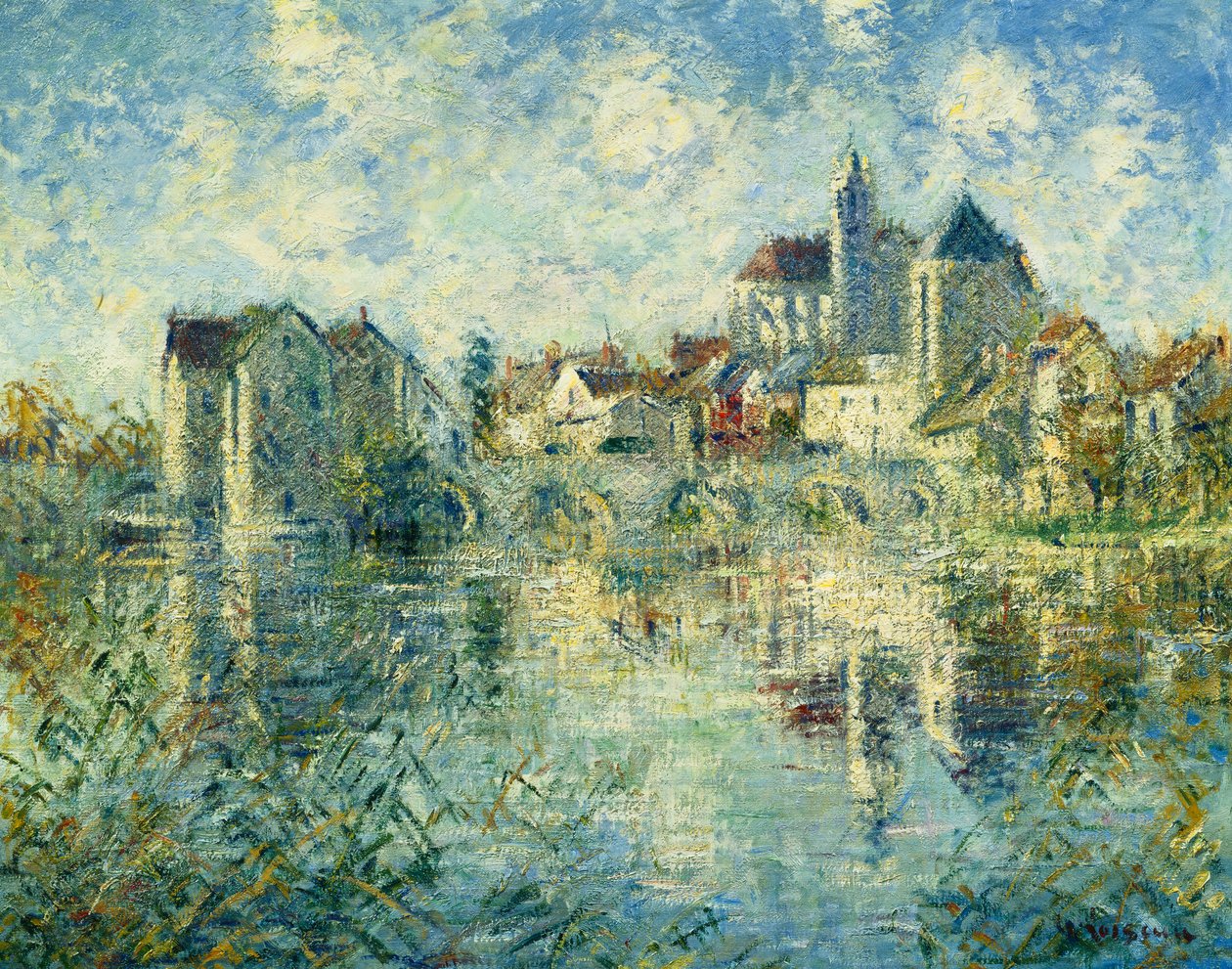 Moret-sur-Loing, bron och kyrkan; Moret-sur-Loing, bron och kyrkan, c.1935 av Gustave Loiseau