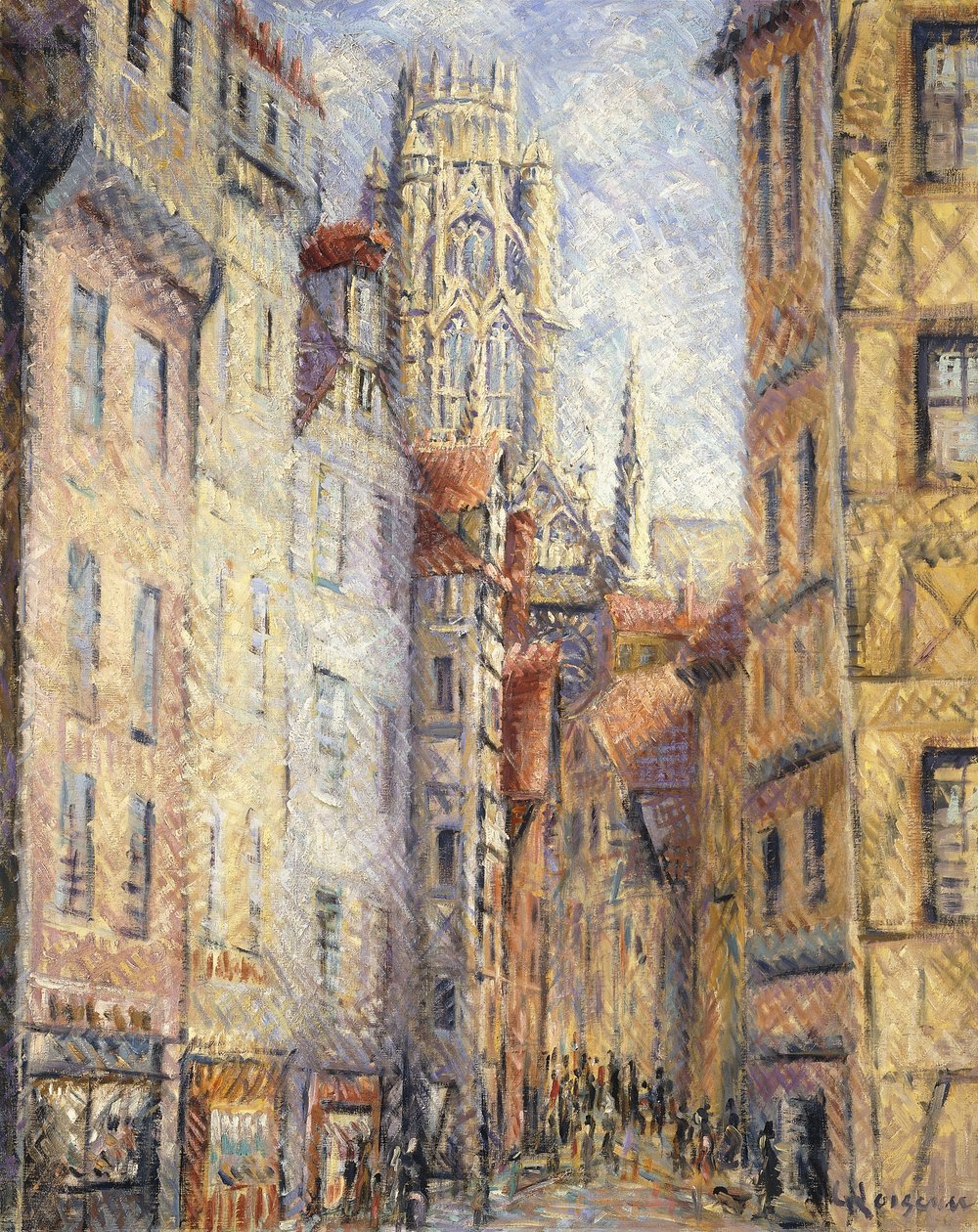 Rouen, en gata vid kyrkan; Rouen, rue avec L "Eglise, ca 1920 av Gustave Loiseau
