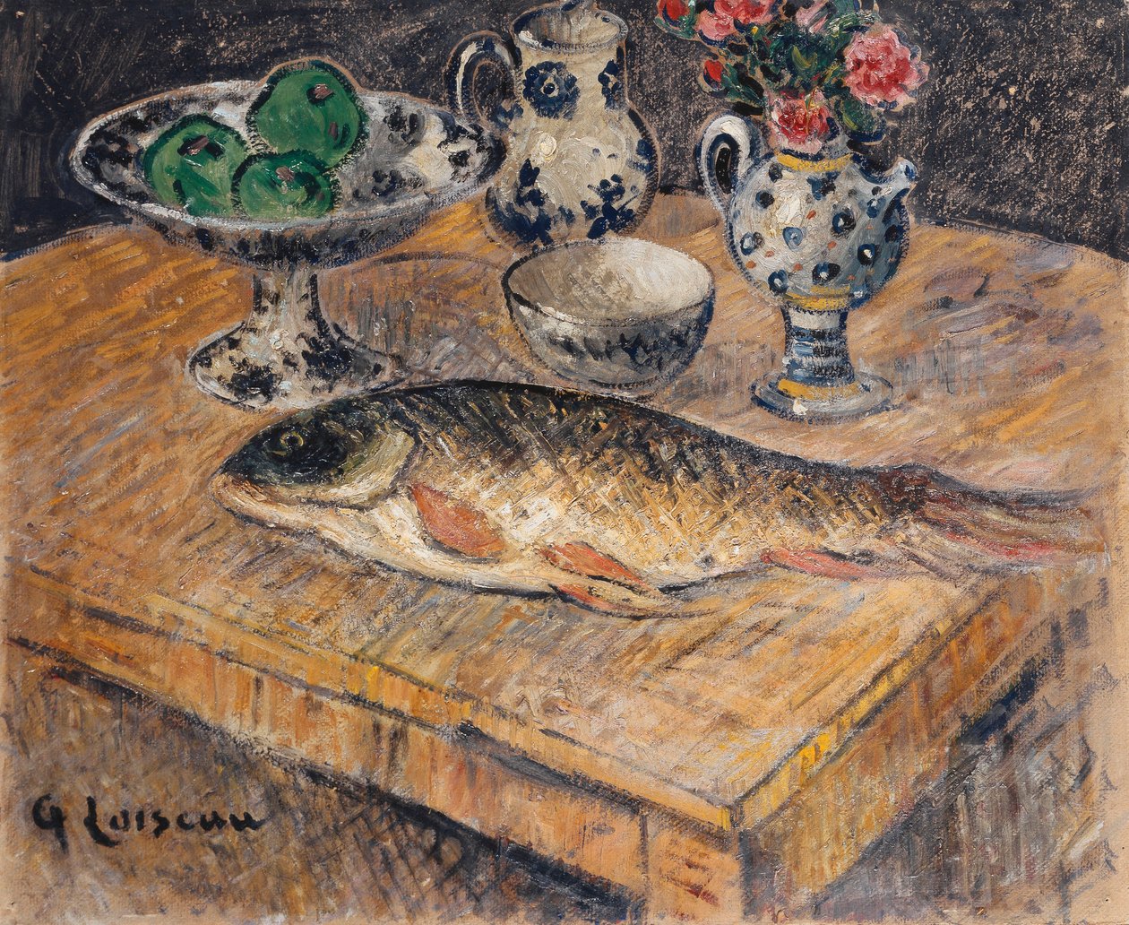 Stilleben med fisk, blommor och äpplen; Stilleben med fisk, blommor och äpplen, av Gustave Loiseau