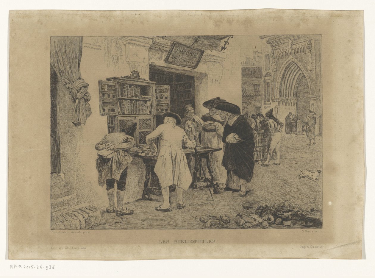Männen samlades runt en bokhandlares utställning Les Bibliophiles (titel på objekt) av Gustave Marie Greux