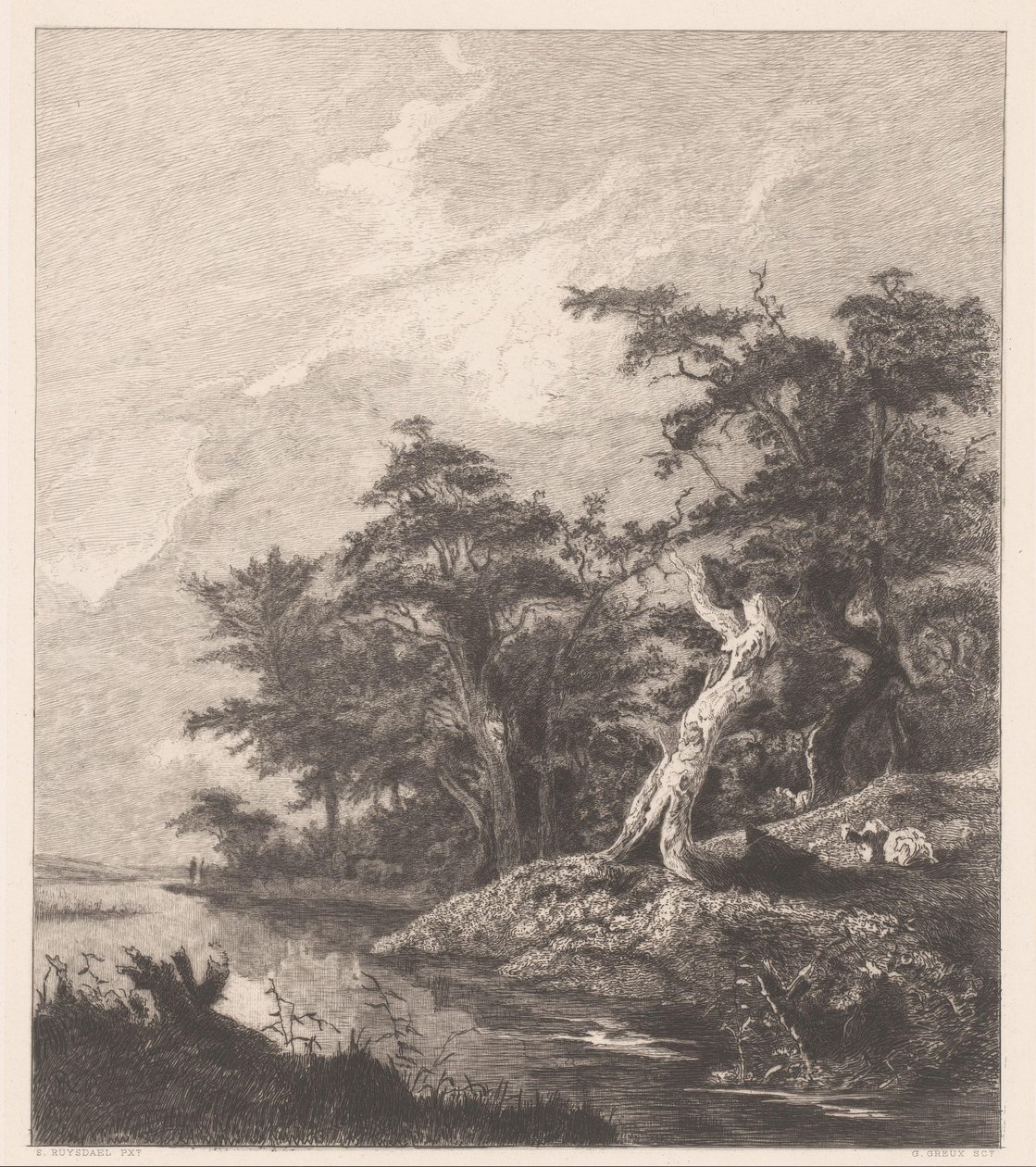 Flodlandskap med vilande herde vid en stubbe av Gustave Marie Greux