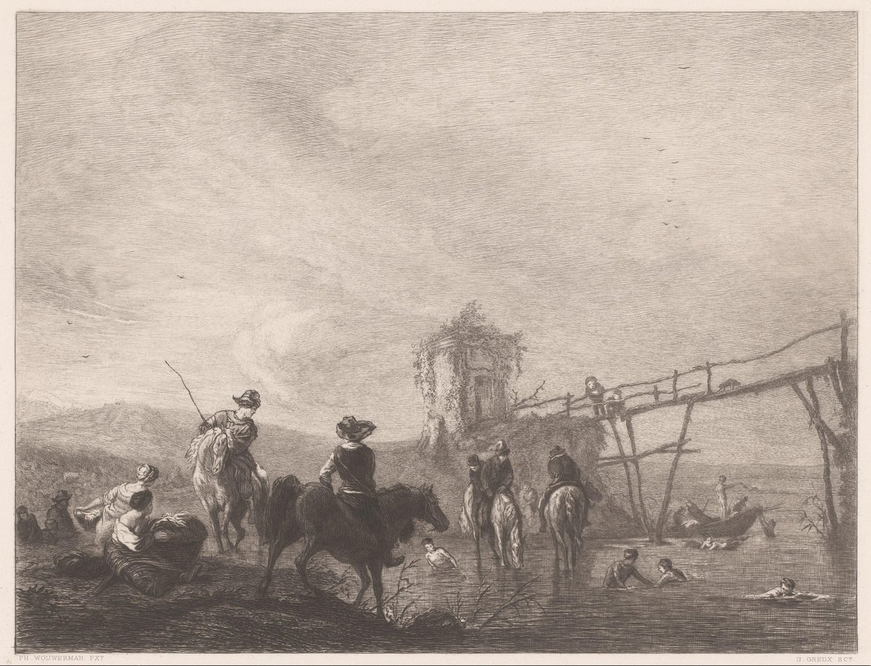 Vilar och simmar figurer på en bank Die pferdetränke (titel på objekt) av Gustave Marie Greux
