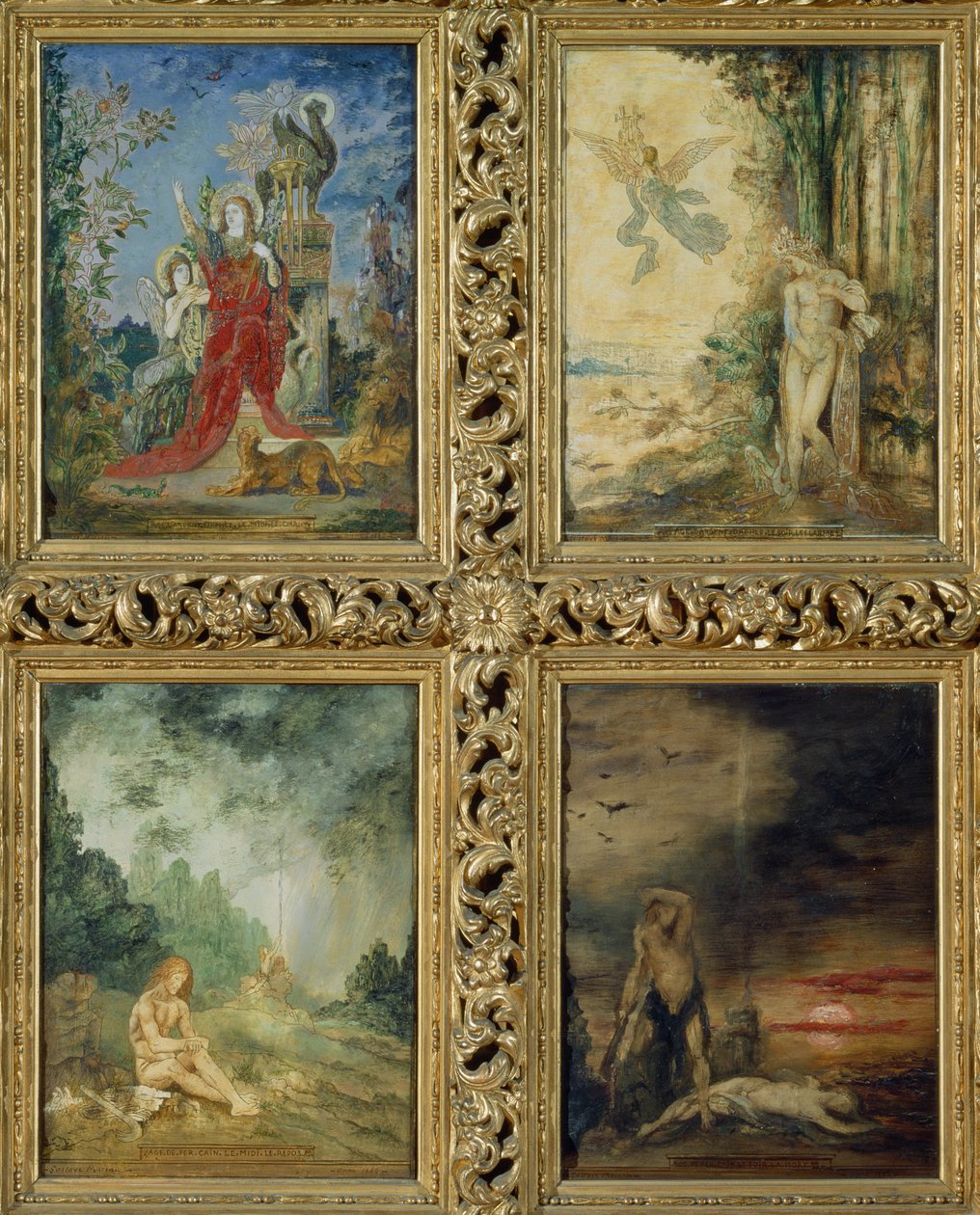 Humanity: från TtoB, två scener som skildrar Silveråldern representerad av Orpheus; två scener som skildrar järnåldern representerad av Kain och Abel (väggmålning) (detalj av 83704) av Gustave Moreau