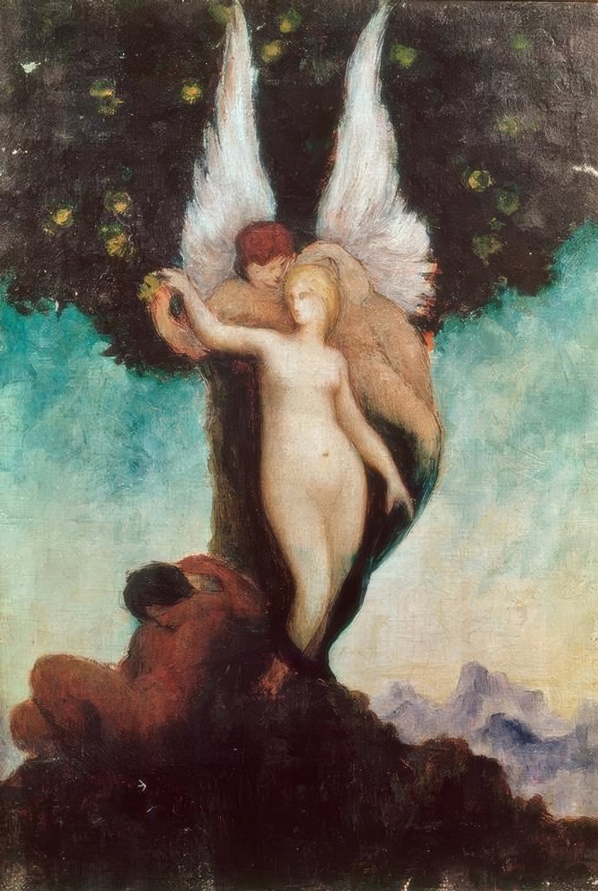 Fantasifull scen med ett uråldrigt ämne. Bevingade Efebe med w av Gustave Moreau