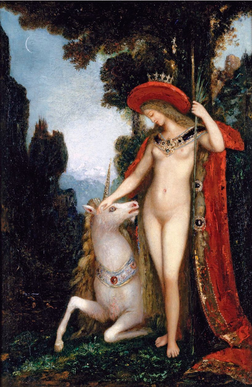""Enhörningen"" Målning av Gustave Moreau (1826-1898) 1885 Dim 50x34 cm Privat samling av Gustave Moreau