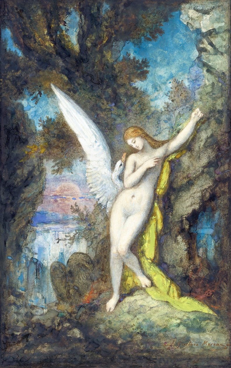 Leda och svanen par Moreau, Gustave (1826-1898), - Akvarell, Gouache på papper, 34,2x22,2 - Privat samling av Gustave Moreau