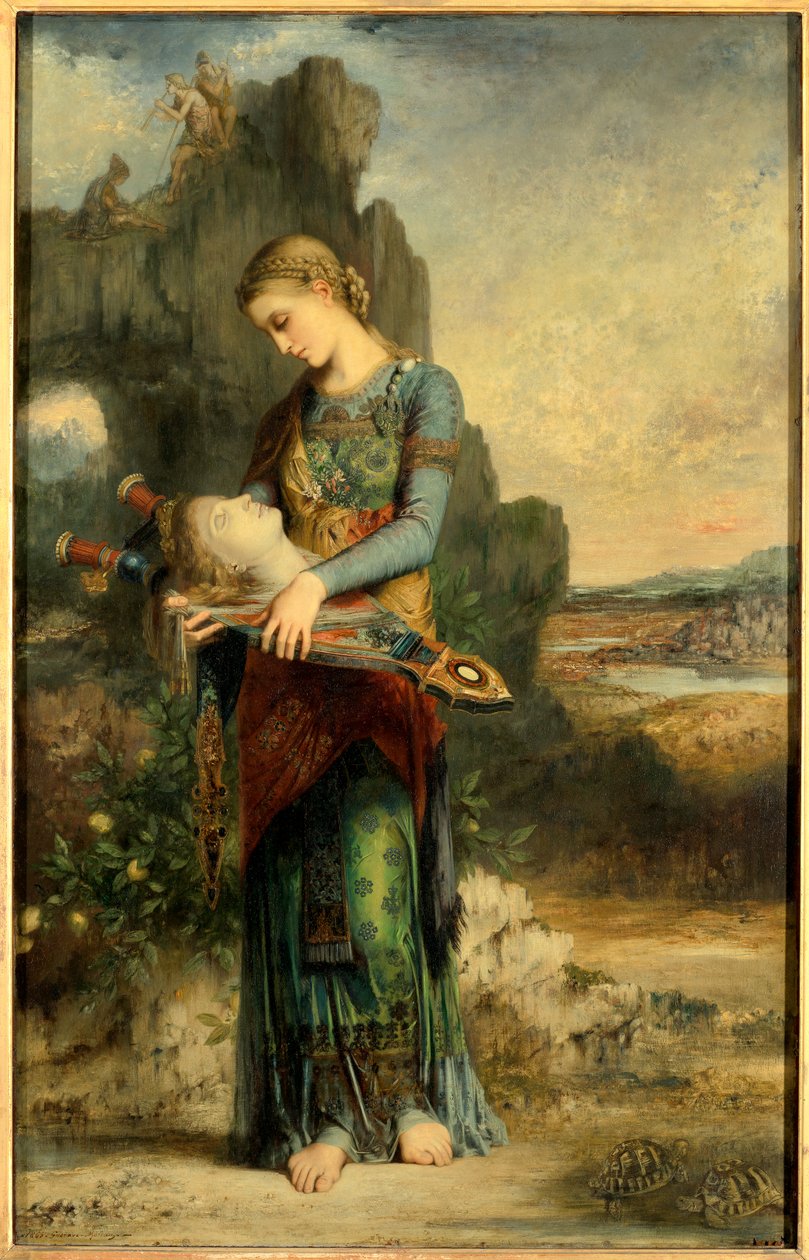 Orphee En thrakisk flicka bär Orphees huvud. Målning av Gustave Moreau (1826-1898). 1865, olja på trä, Dim. 1,54x0,99 m Paris, Musee d