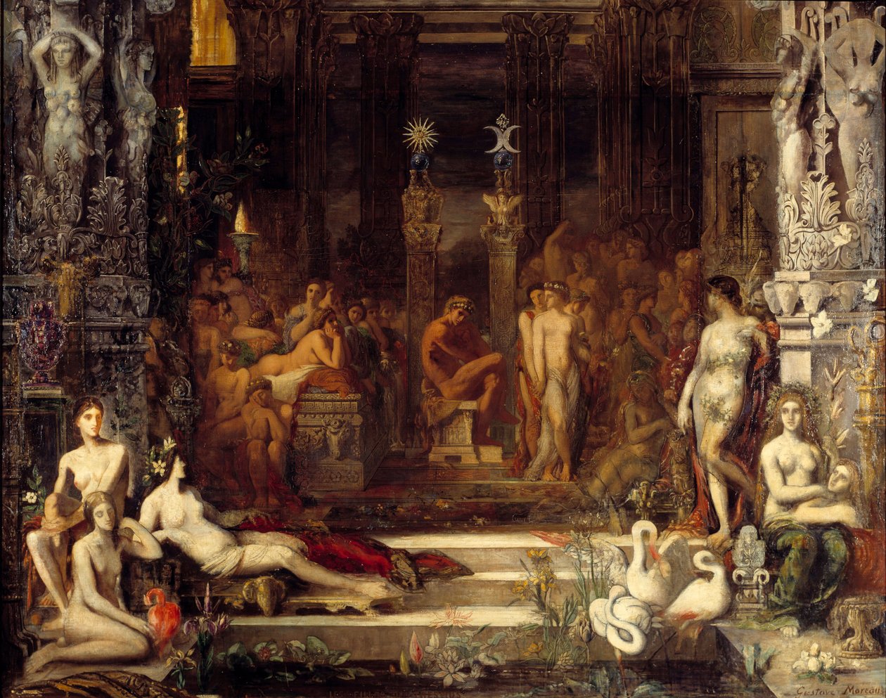 Thespius döttrar Kung Thespios hade femtio döttrar som han ville förena med Herakles (Herkules), representant i centrum, så att de alla fick ett barn till honom. målning av Gustave Moreau (1826-1898) Dim. 2,5x2,5 m Paris, musée Gustave More av Gustave Moreau