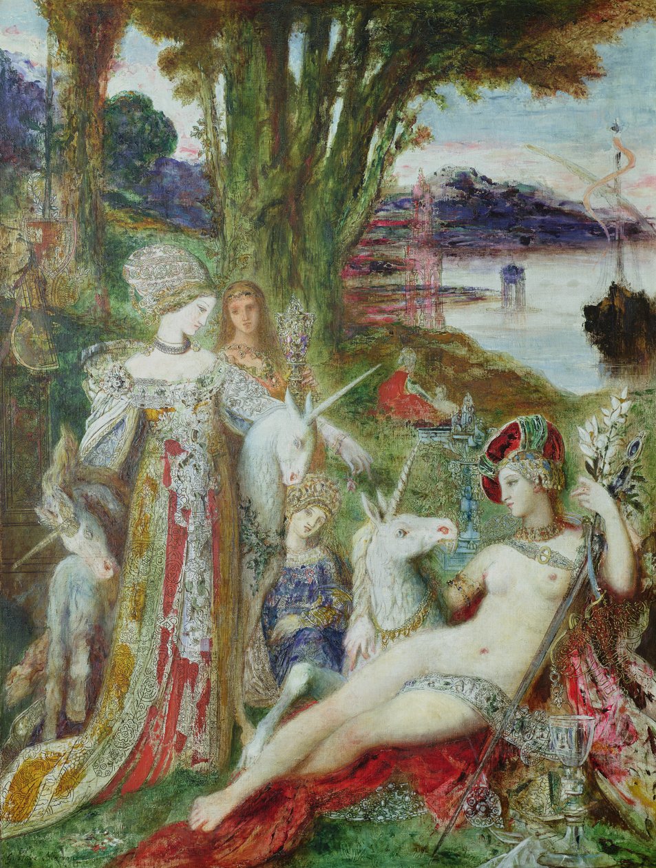 Enhörningarna (olja på duk) av Gustave Moreau