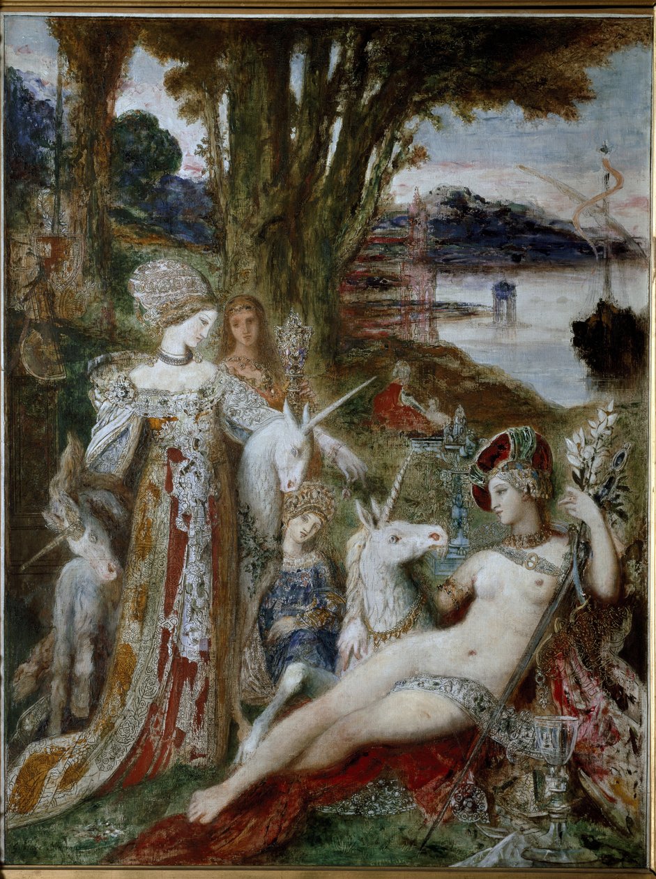 Enhörningarna - Olja på duk, cirka 1885 av Gustave Moreau