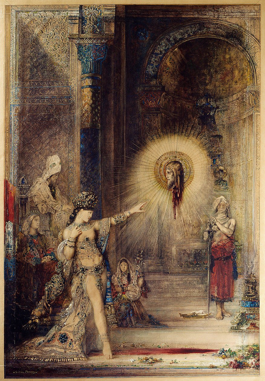 Framträdandet La tete decollee av Jean Baptiste dyker upp framför dansaren Salome vid Herodes I den stores hov (73-4 f.Kr.). Akvarell av Gustave Moreau (1826-1898) 1876 sön. 1,06 x 0,72 m. Paris, Musée d