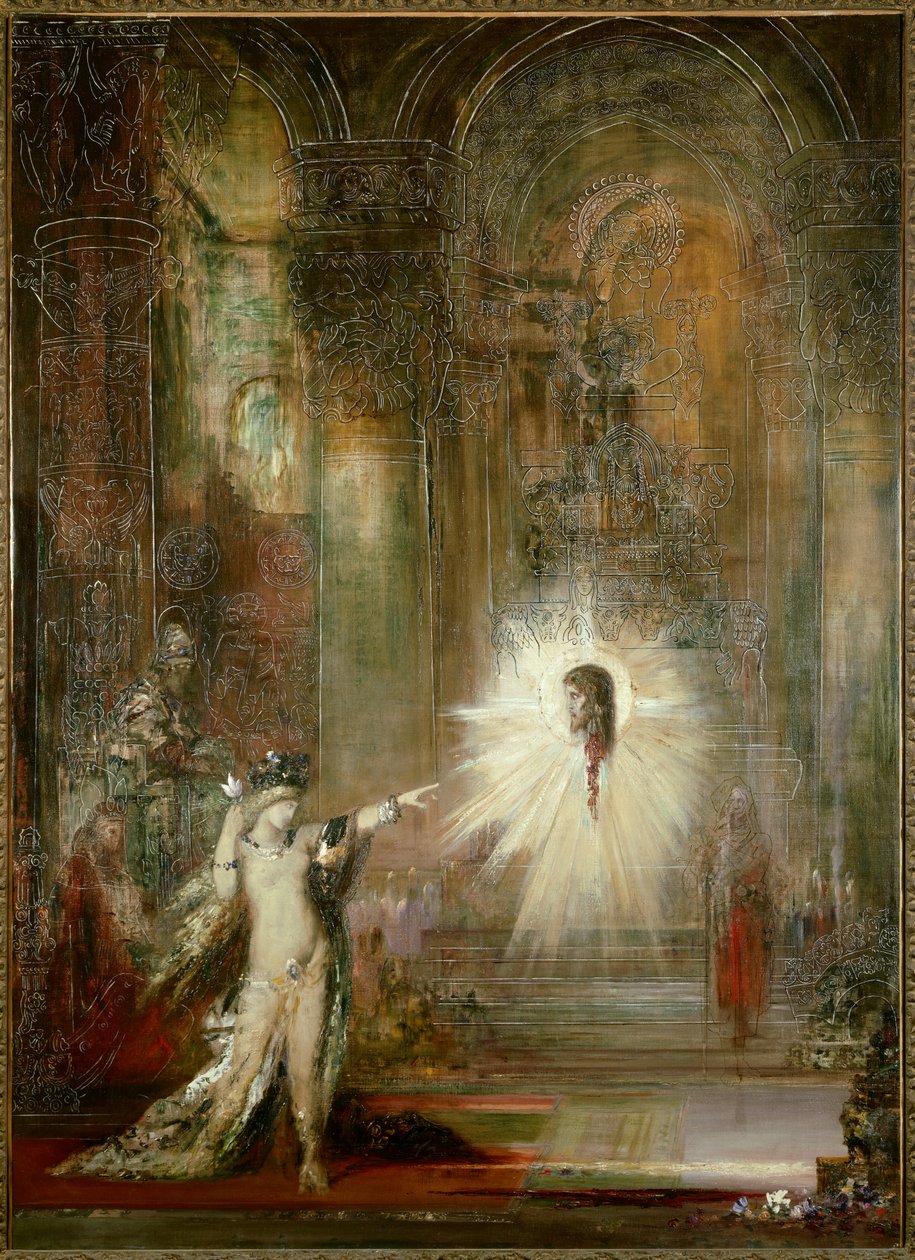 Utseendet. Efter att ha dansat i hallen för Herodes högtid frågar Salome huvudet av Johannes Döparen. Hon pekar med fingret mot profetens huvud medan Herodiade står bakom henne. Målning av Gustave Moreau av Gustave Moreau