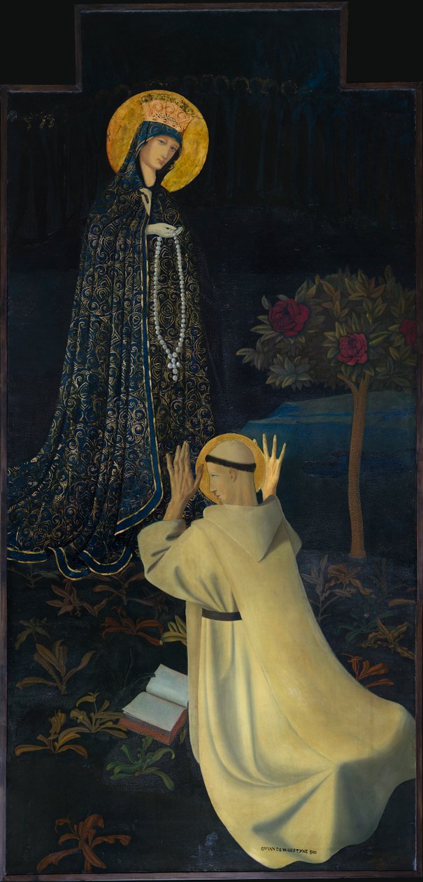 Sockenkyrka (Saint Martin Parish Church). "Vår fru tar emot rosenkransen från Saint Dominic". Gustav av öknen. 1900. av Gustave Van de Woestyne