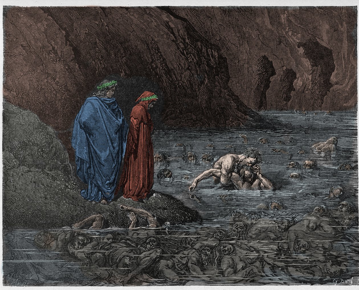 Inferno, Canto 32: Ugolino (Ugolin della Gherardesca) gnager i huvudet av ärkebiskop Ruggieri (Ruggeri Ubaldini), illustration från The Divine Comedy av Dante Alighieri, 1885 (digitalt färgad och av Gustave after Dore
