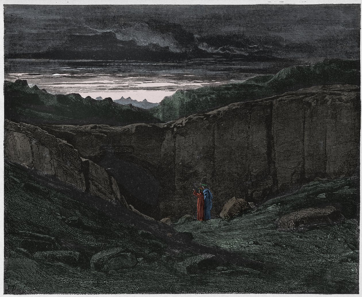 Inferno, Canto 3: Vergilius och Dante vid helvetets portar, illustration från The Divine Comedy av Dante Alighieri, 1885 (digitalt färgad gravyr) av Gustave after Dore