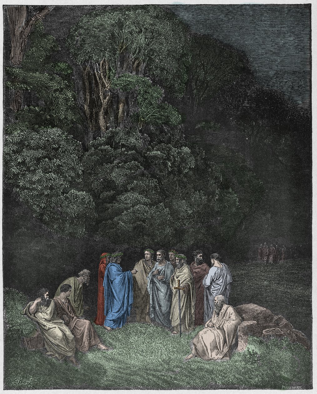 Inferno, Canto 4: Homer, poeterna och hjältarna i Limbo, illustration från The Divine Comedy av Dante Alighieri, 1885 (digitalt färgad gravyr) av Gustave after Dore