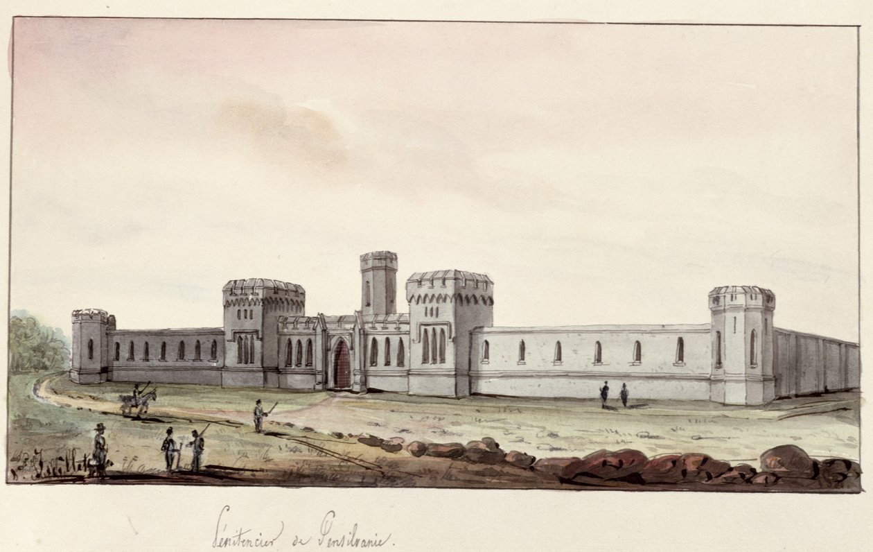 Penitentiary i Pennsylvania, 1831 (penna och bläck och wc på papper) av Gustave de Beaumont