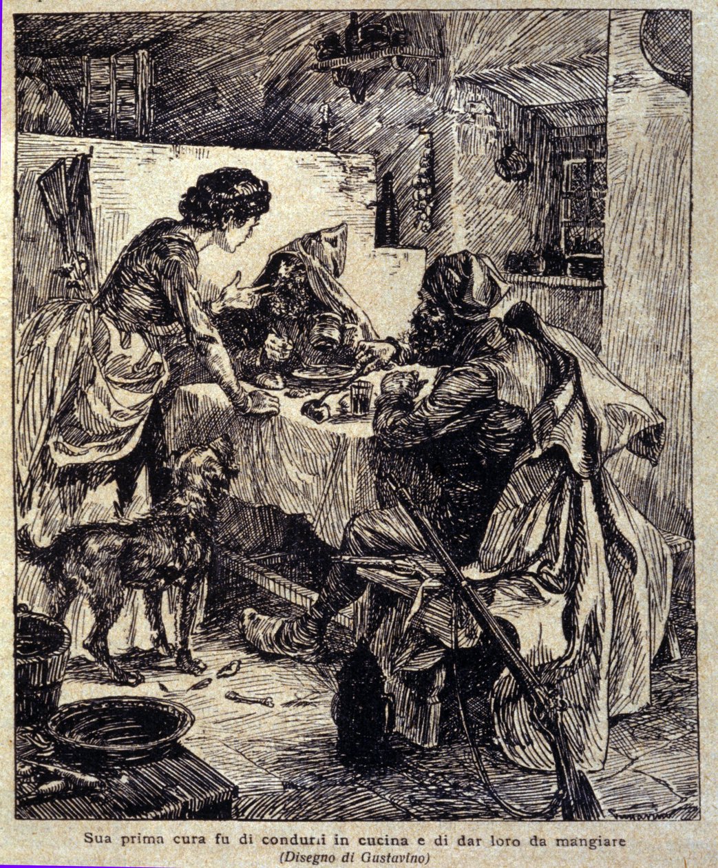 Hans första bekymmer var att köra dem till köket och mata dem... Illustration av den nya "" Colomba"" skriven av Prosper Merimee. Gravyr av Gustavino (Gustavo Rosso) (1881-1950), cirka 1915 av Gustavo Gustavino Rosso