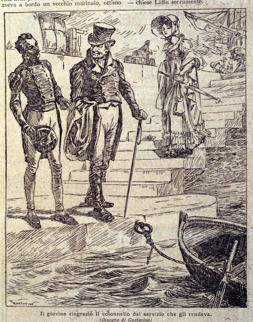 den unge mannen tackade översten för hans tjänst... Illustration av den nya "" Colomba"" skriven av Prosper Merimee. Gravyr av Gustavino (Gustavo Rosso) (1881-1950), cirka 1915 av Gustavo Gustavino Rosso
