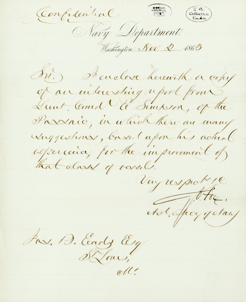 Letter signed G.V. Fox, Navy Department, Washington, to Jas. B. Eads [James B. Eads], St. Louis, Mo., November 2, 1863 av Gustavus Vasa Fox
