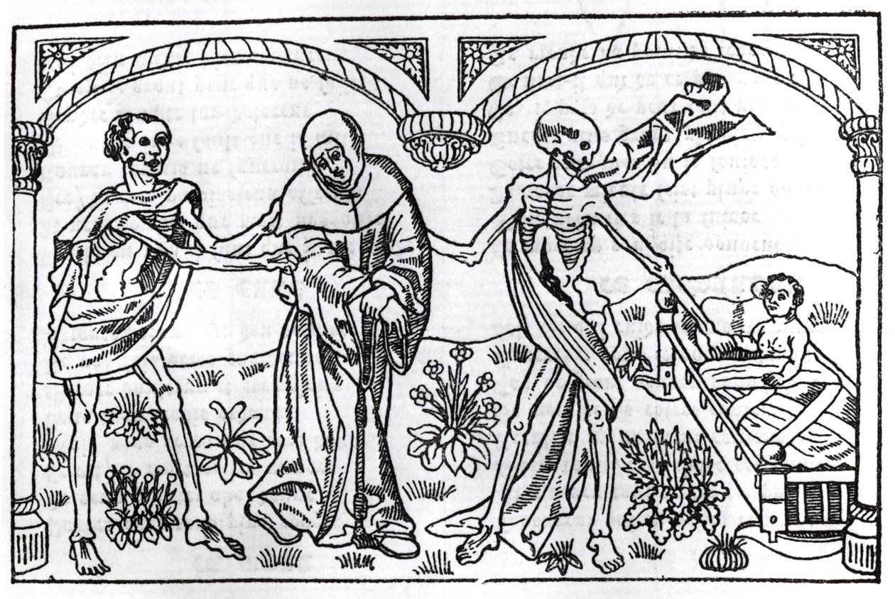 Döden tar tiggaren och barnet, från Danse Macabre, publicerad Paris, 1485 av Guy Marchant