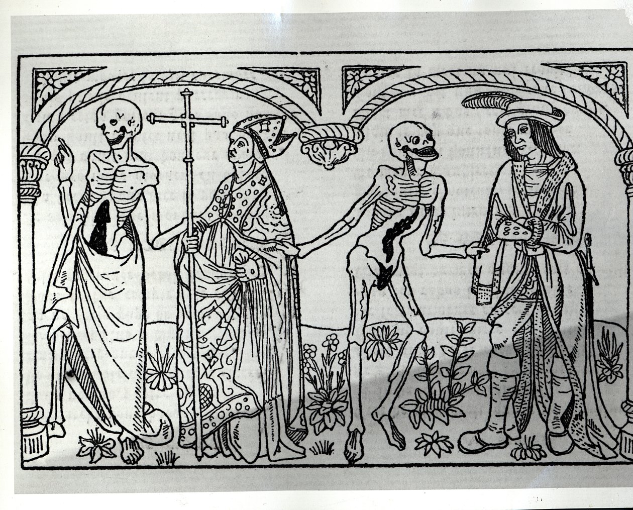 Döden som tar biskopen och adelsmannen, från Danse Macabre, publicerad i Paris 1485. av Guy Marchant