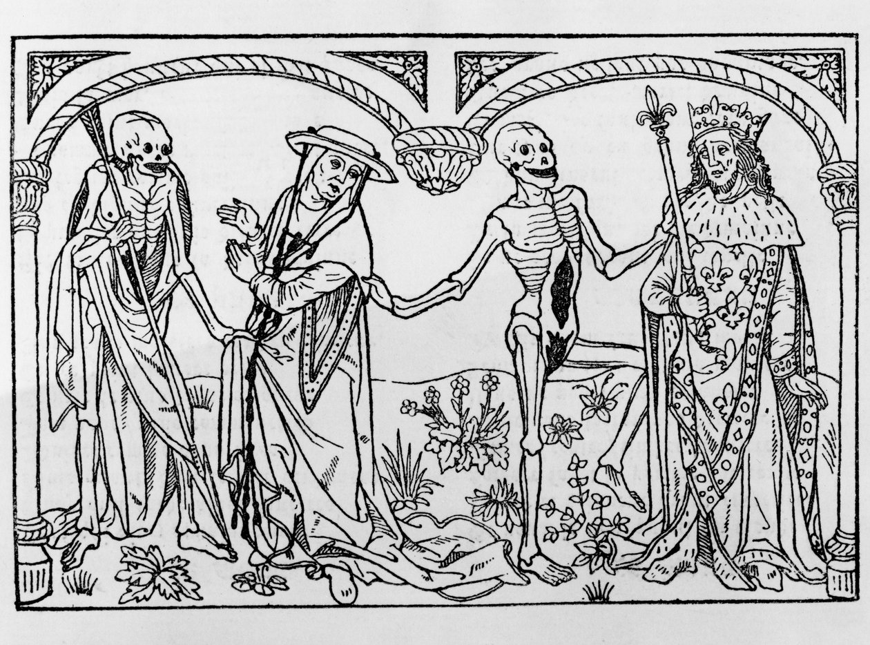 Döden som tar kardinalen och kungen, från Danse Macabre, publicerad i Paris 1485. av Guy Marchant