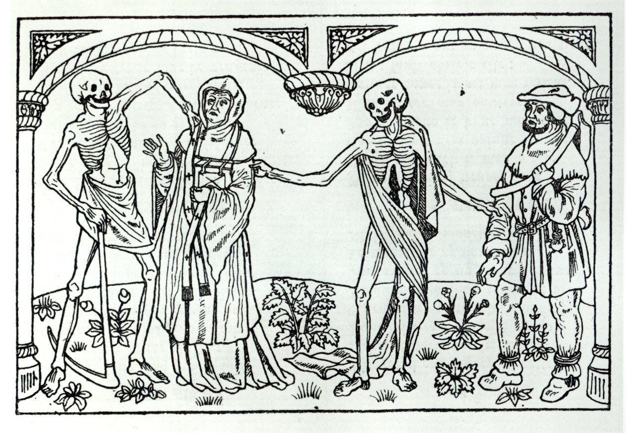 Döden tar prästen och bonden, från Danse Macabre, publicerad Paris, 1485 av Guy Marchant