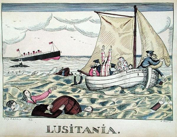 Lusitanias förlisning, 7 maj 1915 (färg litho) av Guy Arnoux