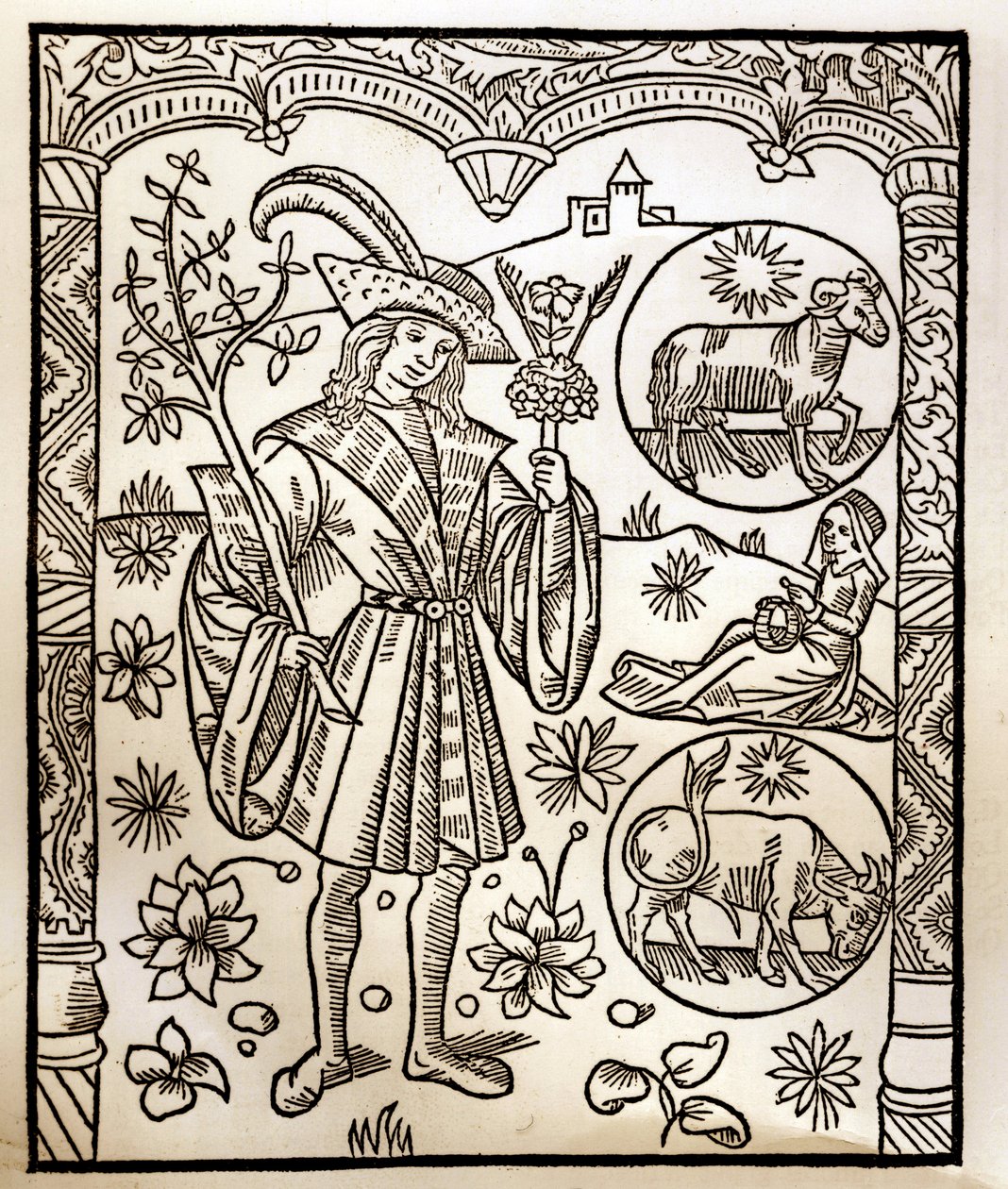 Herdekalender - Månadernas arbete - April - Träsnitt från boken från 1496 tryckt av Guy Marchant (Guido Mercator) i Troyes - Trästick i "Le grand Calendrier et compost des shepherds" - av Guy Marchant