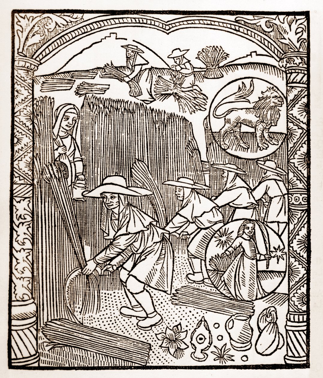 Herdekalender - Månadernas arbete - Augusti - Träsnitt från 1496 års bok tryckt av Guy Marchant (Guido Mercator) i Troyes - Trästick i "Le grand Calendrier et compost des shepherds" - av Guy Marchant