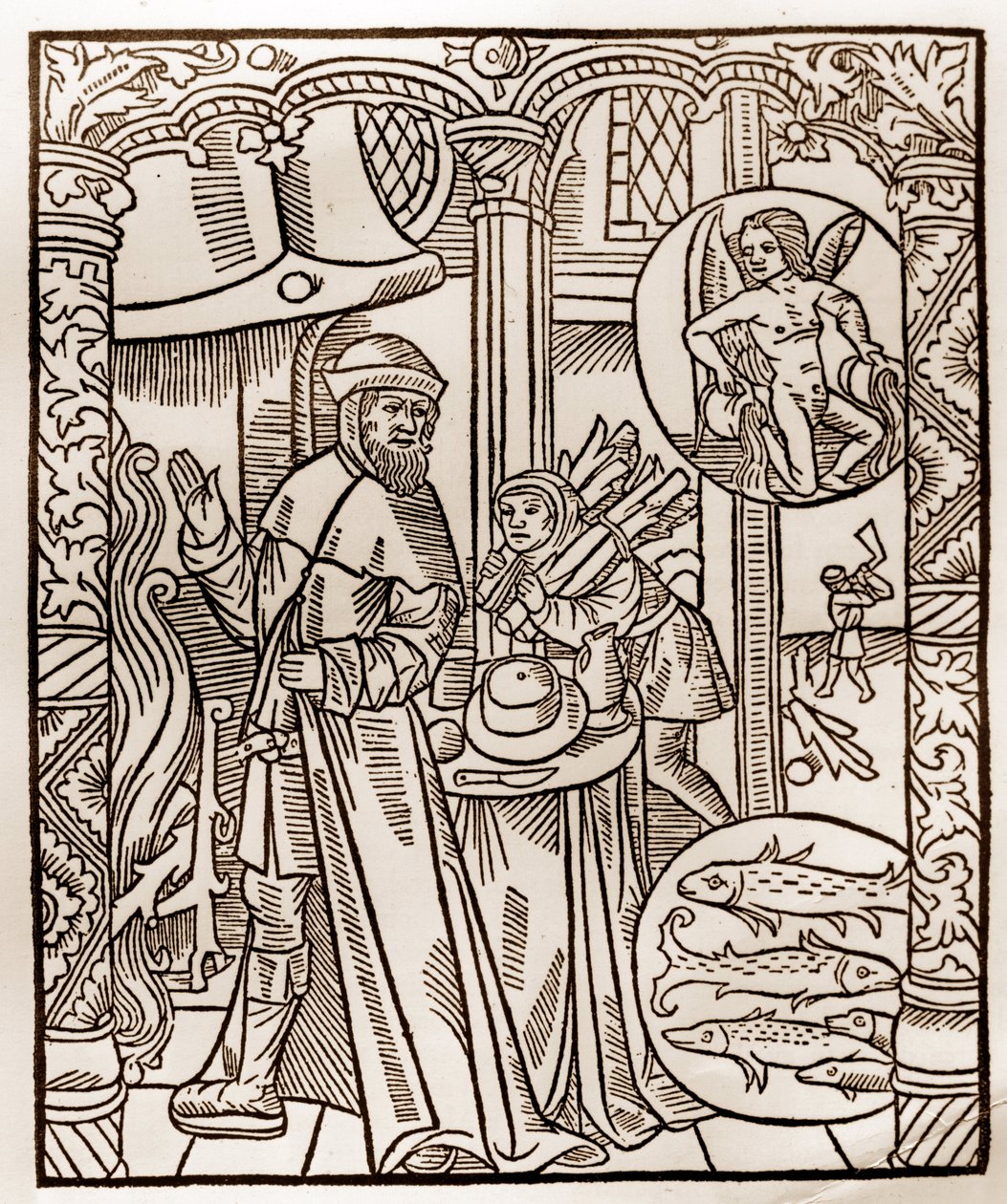 Herdekalender - Månadernas arbete - Februari - Träsnitt från boken från 1496 tryckt av Guy Marchant (Guido Mercator) i Troyes - Trästick i "" Le grand Calendrier et compost des shepherds"" - av Guy Marchant