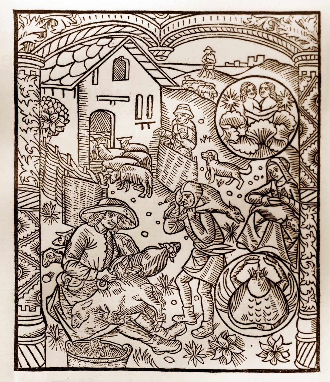 Herdekalender - Månadernas arbete - Juni - Träsnitt från 1496 års bok tryckt av Guy Marchant (Guido Mercator) i Troyes - Trästick i "Le grand Calendrier et compost des shepherds"" - av Guy Marchant