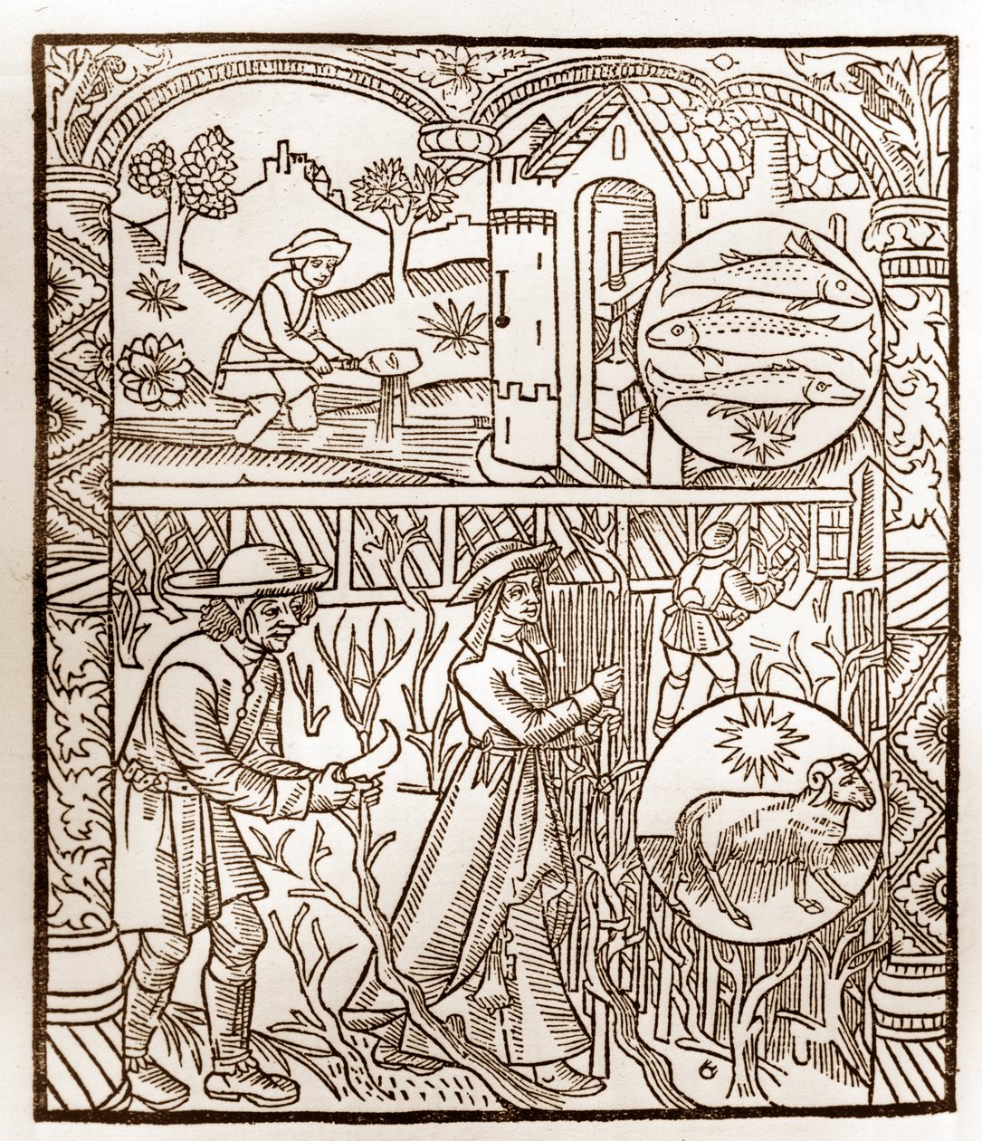 Herdekalender - Månadernas arbete - Mars - Träsnitt från 1496 års bok tryckt av Guy Marchant (Guido Mercator) i Troyes - Trästick i "Le grand Calendrier et compost des shepherds" - av Guy Marchant