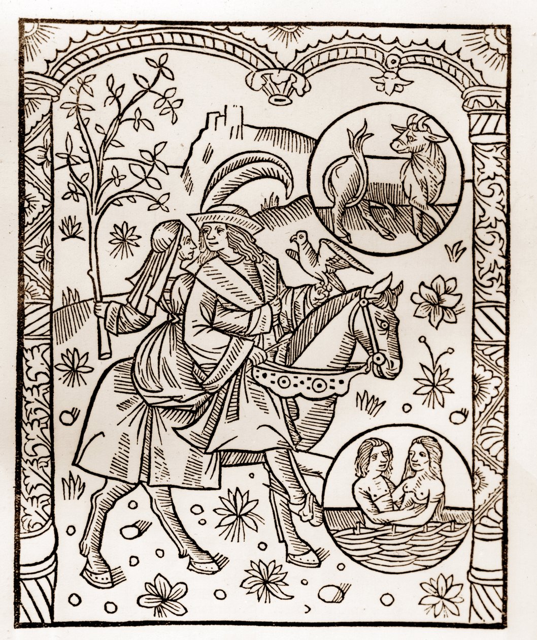 Herdekalender - Månadernas arbete - Maj - Träsnitt från boken från 1496 tryckt av Guy Marchant (Guido Mercator) i Troyes - Trästick i "Le grand Calendrier et compost des shepherds" - av Guy Marchant