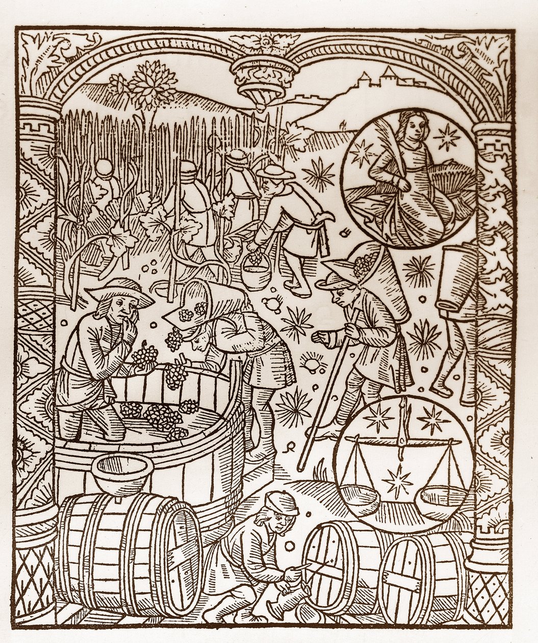 Herdekalender - Månadernas arbete - Oktober - Träsnitt från boken från 1496 tryckt av Guy Marchant (Guido Mercator) i Troyes - Trästick i "" Le grand Calendrier et compost des shepherds"" - Skörden - och tecknen på zodiaken: den av Guy Marchant