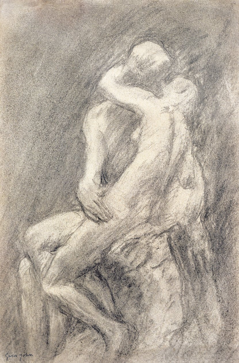 En studie av Rodins kyss i hans studio (kol på papper) av Gwen John