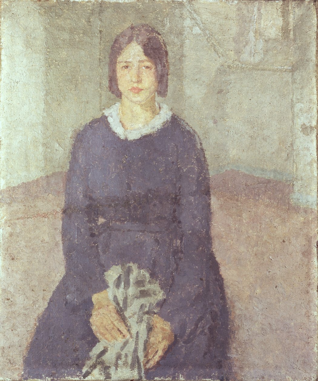 Flicka i en blå klänning som håller en bit av sömnad av Gwen John