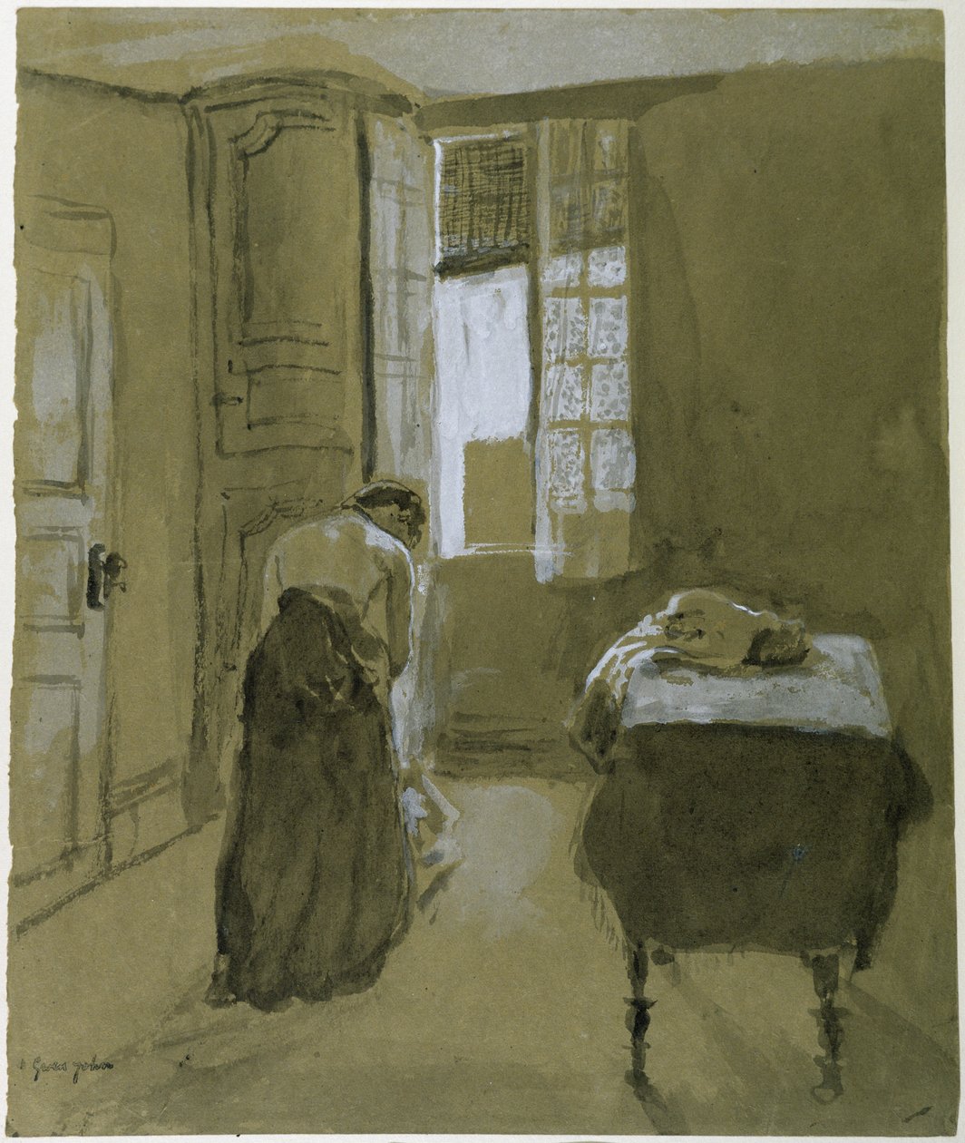Kvinna som klär på sig, ca 1907 (tvätt på papper) av Gwen John