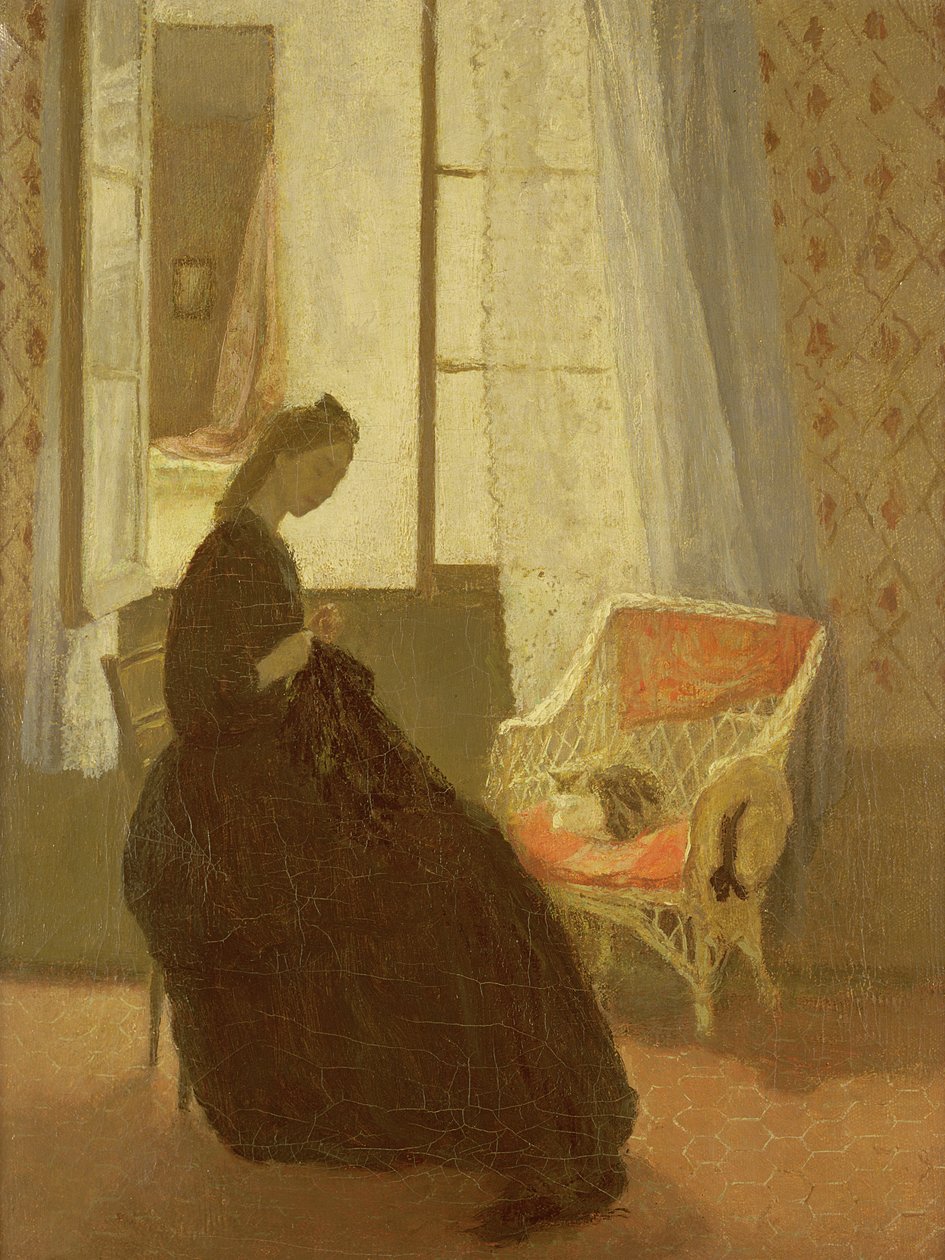 Kvinna som syr vid ett fönster av Gwen John