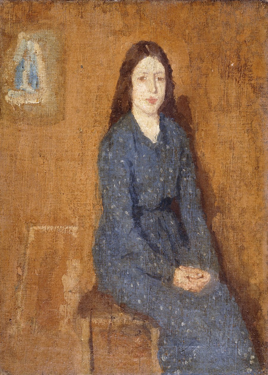 En sittande flicka i en prickig blå klänning, 1914-15 av Gwen John