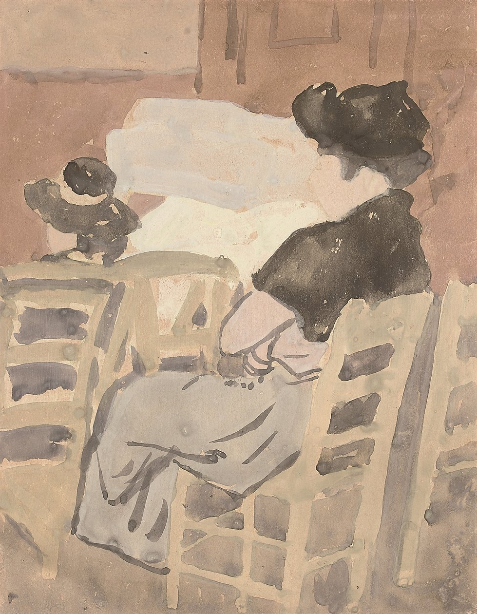 En kvinna och en ung flicka i en kyrklig interiör (akvarell på papper) av Gwen John
