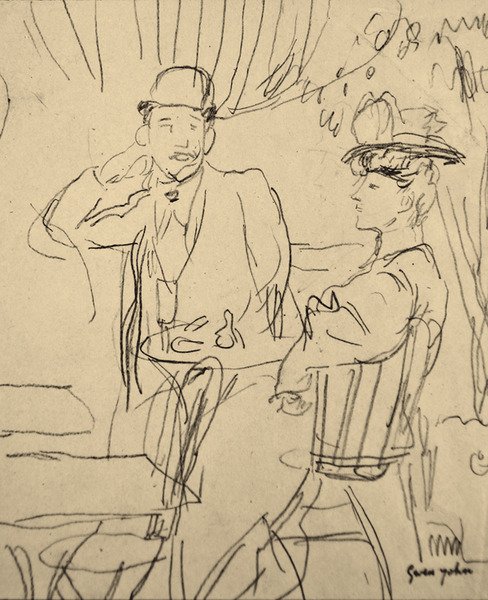 Par på ett café (penna på papper) av Gwen John